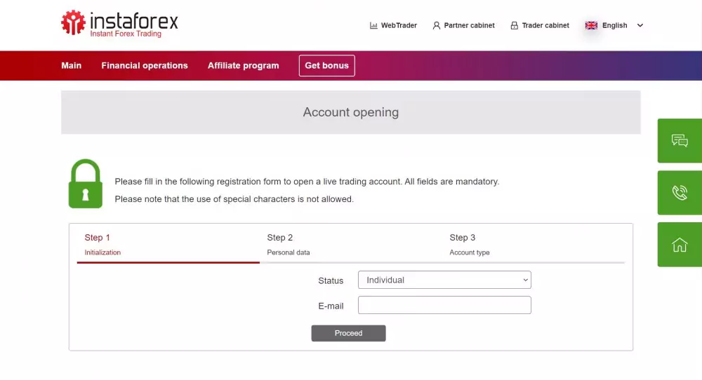 InstaForex registration page